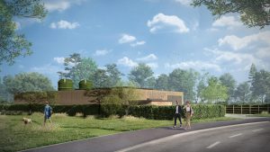 Conceptual image of Chilton Woods Energy Centre, with two people walking down the pavement besides the energy centre