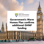 Graphic showing the Houses of Parliament and Big Ben, with a white box overlay containing the Triple Point Heat Networks Investment Management logo and the text: ‘Government’s Warm Homes Plan confirms additional GHNF funding'